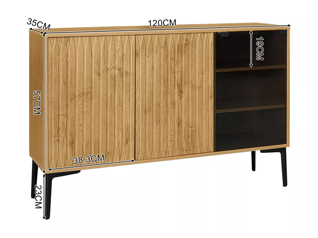 Buffet en MDF avec LED - 2 portes et 3 compartiments ouverts - Naturel