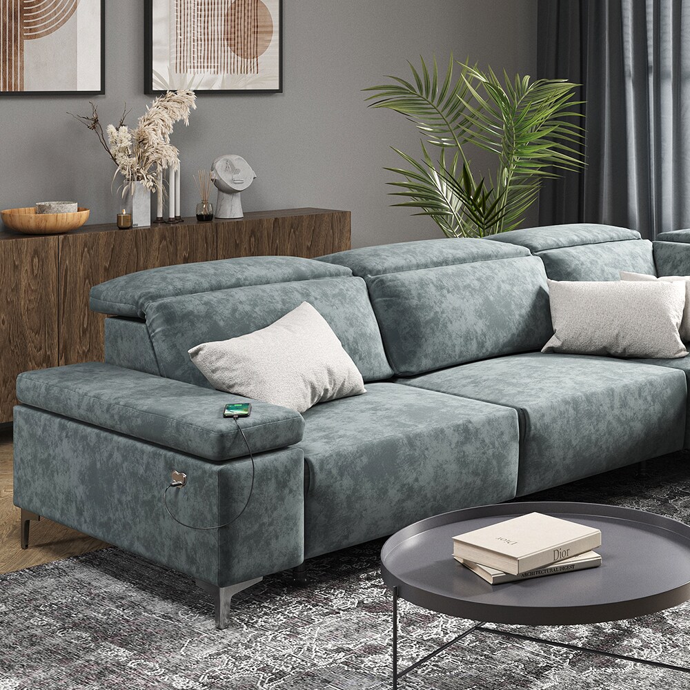 VitaliSpa Ecksofa Loungesofa Boxspringsofa James Grau Relaxfunktion 301x86 cm modern Wohnzimmer Sofa Wohnzimmercouch Loungeecke Polstereckcouch Taschenfederkern USB-Anschluss Fußteil ausfahrbar
