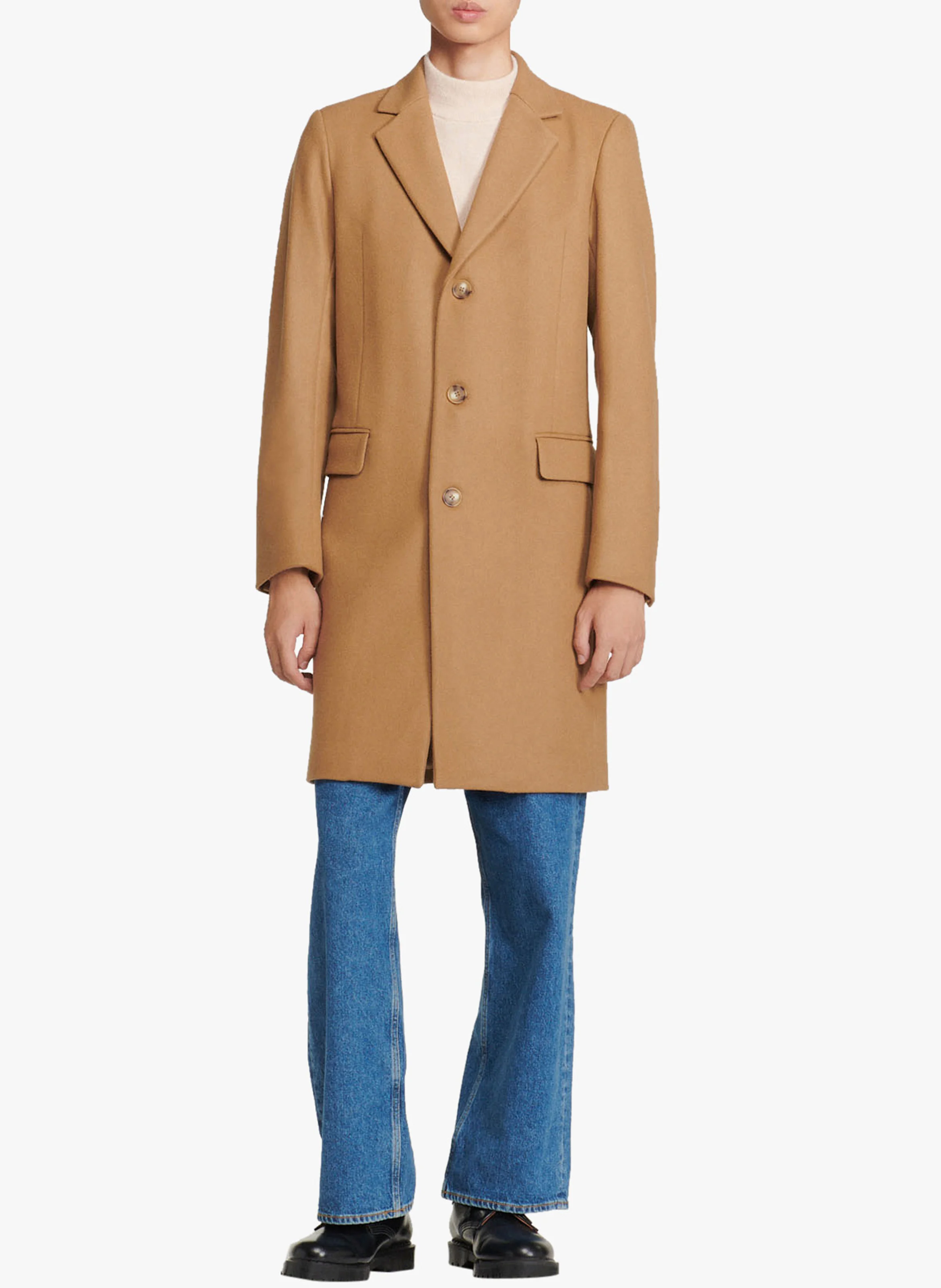 Manteau col tailleur regular-fit en laine mélangée | Beige