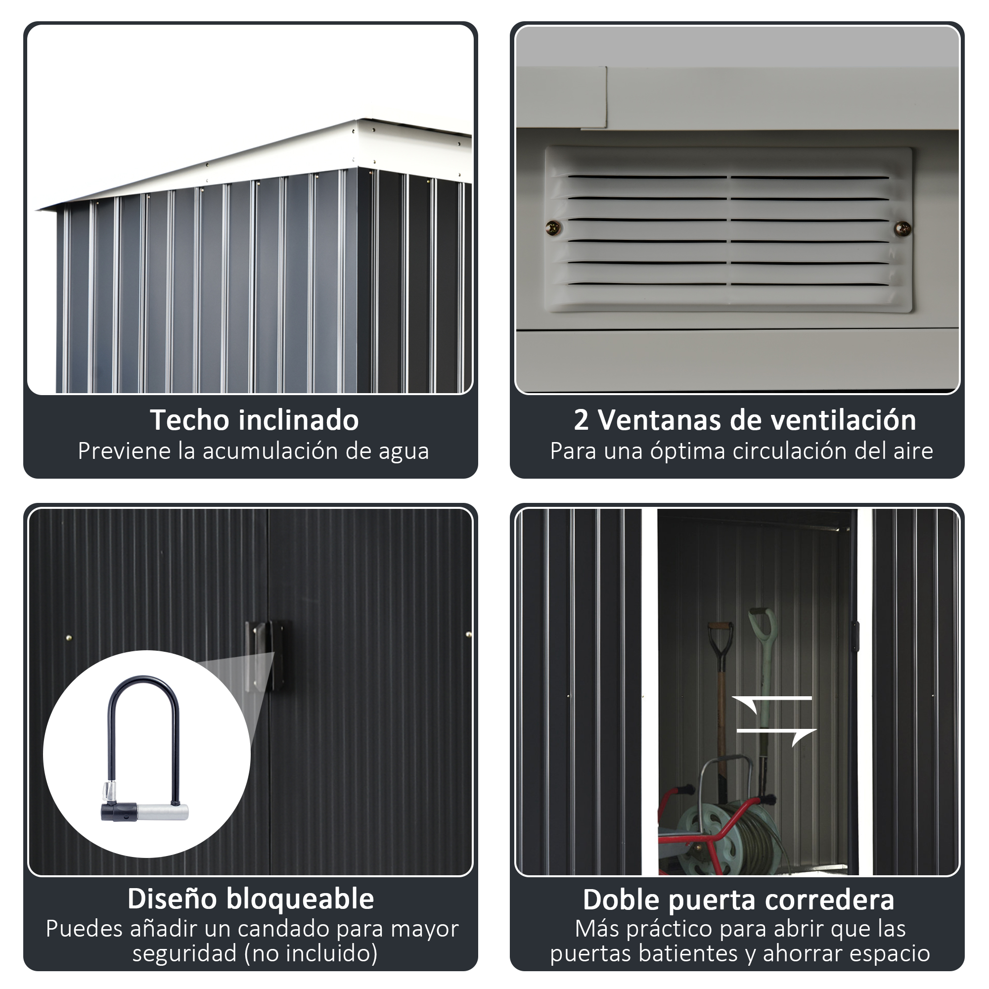 Abrigo de ferramentas externo Outsunny em metal com 2 portas de correr e 2 orifícios de ventilação, cinza escuro.
