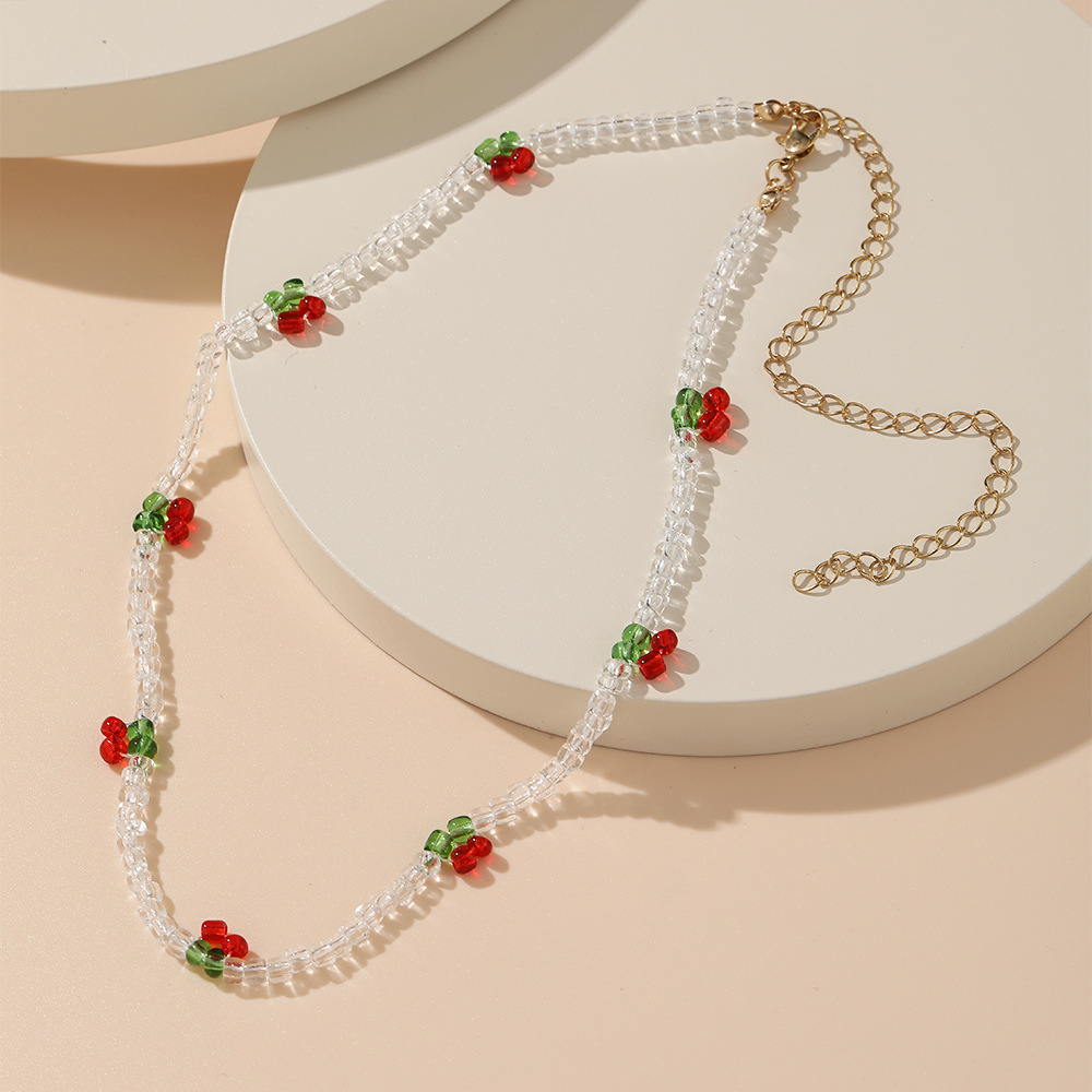 (400-450mm) Perlen Halskette Sommer Modeschmuck Boho Accessoire mit Kirschen - Transparent