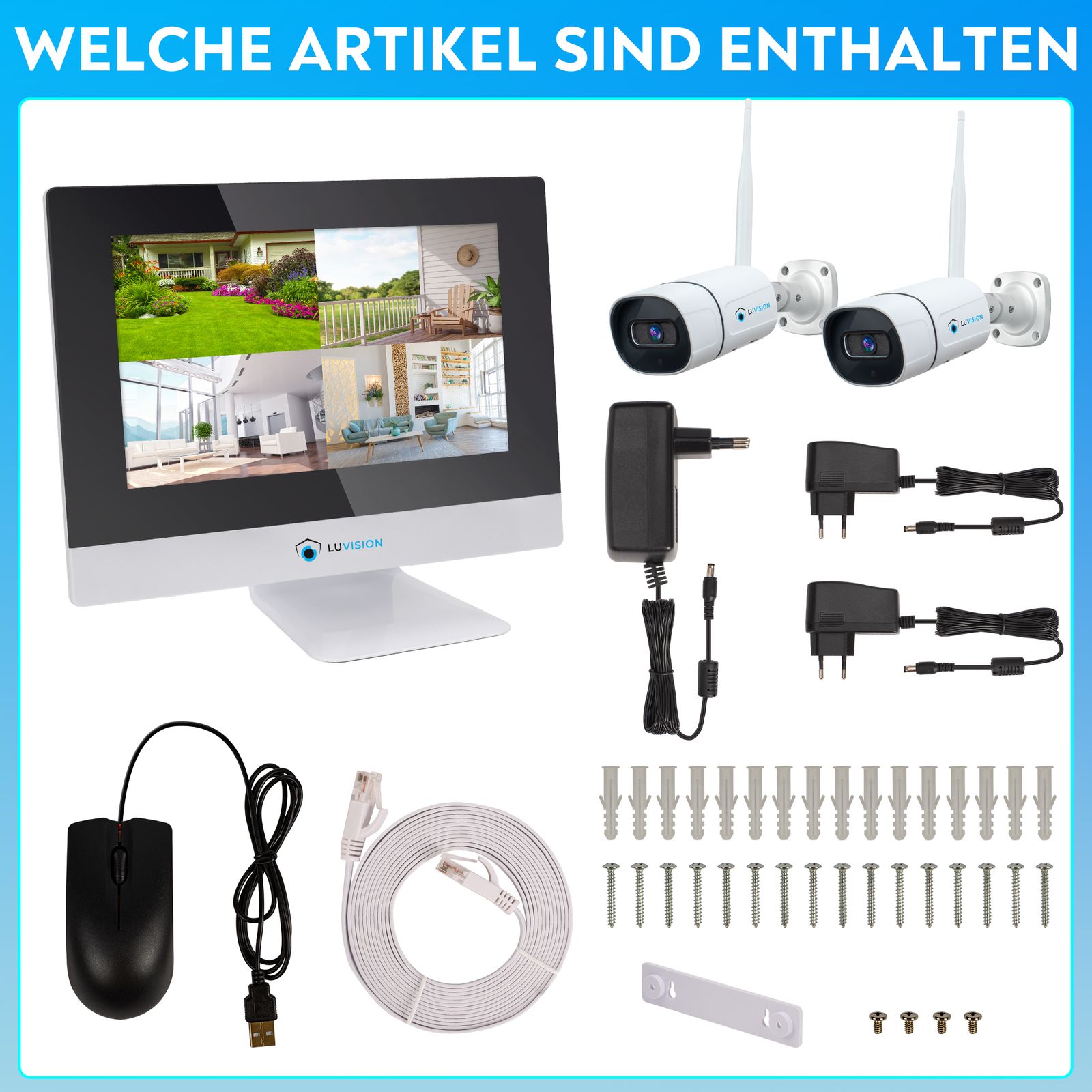 LUVISION WLAN Funk Kamera Set Überwachungssystem mit Monitor HDD-Rekorder & Cloud Speicher 4 bis 8 IP Kameras & App