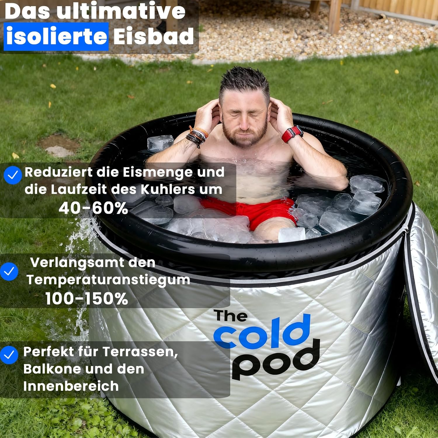 Eisbad Tonne für Athleten mit Abdeckung,tragbares Ice Bath tub für Kryotherapie, The Cold Pod Faltbare Aufblasbare badewanne für den Innen- und Außenbereich Erwachsene (75cm Eisbad Bundle)