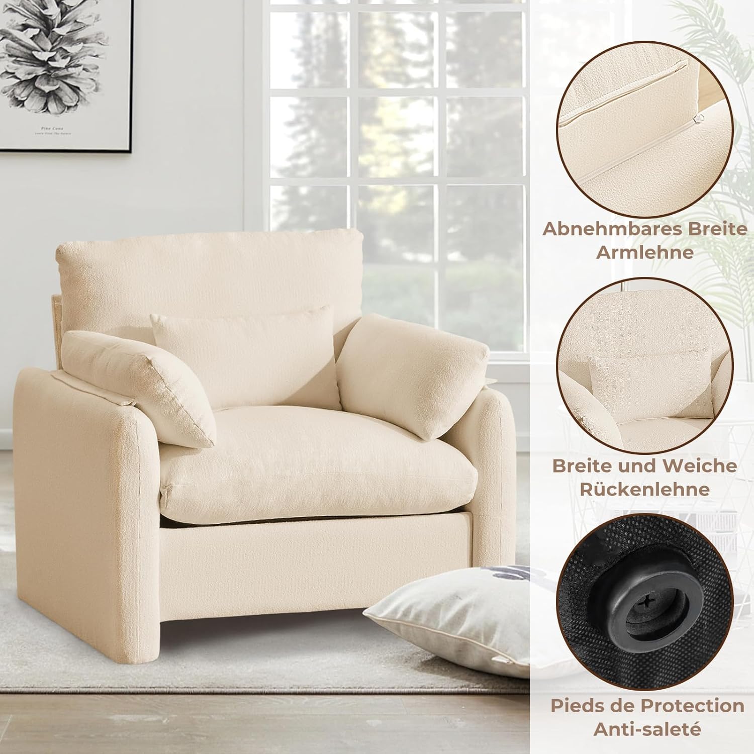 Extragroß Ohrensessel Sessel Wohnzimmer, 93.5cm Polstersessel Fernsehsessel Einzelsofa mit Abnehmbares Armlehne & Wurfkissen, Einzelsofa Lesesessel für Wohnzimmer Schlafzimmer, Beige