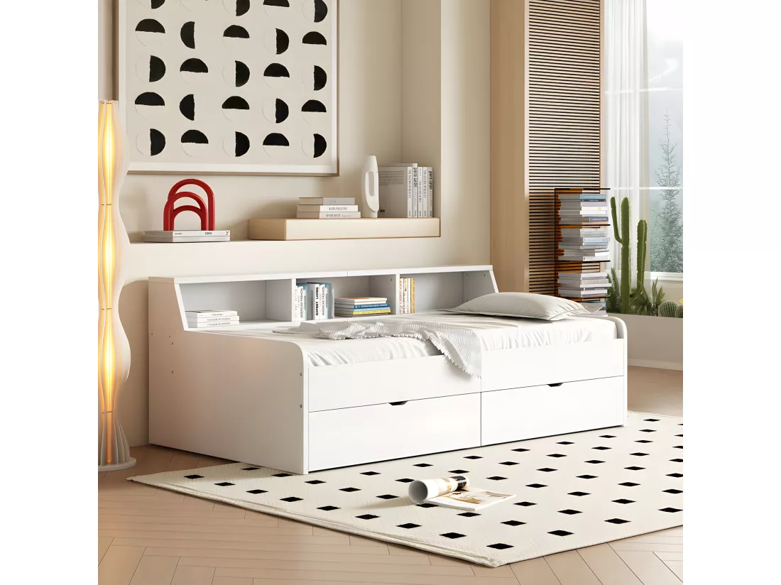 Lit banquette - Canapé lit 90x200cm avec 2 tiroirs - Blanc