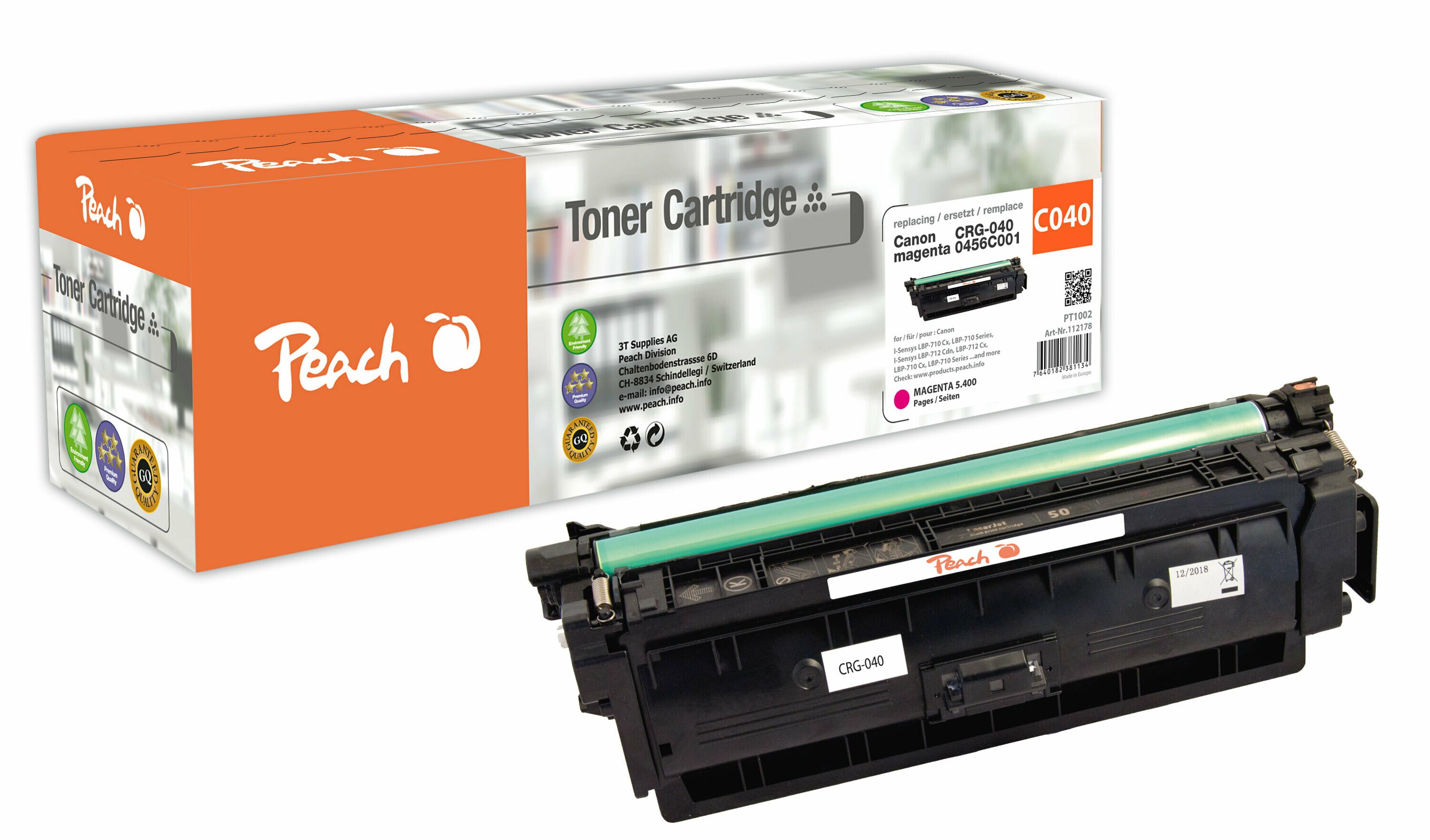Peach HP 040 m Toner ma ersetzt Canon CRG-040 m, 0456C001 für z.B. Canon ISensys LBP -710 Cx, Canon ISensys LBP -710, Canon ISensys LBP -712 Cdn (wiederaufbereitet)