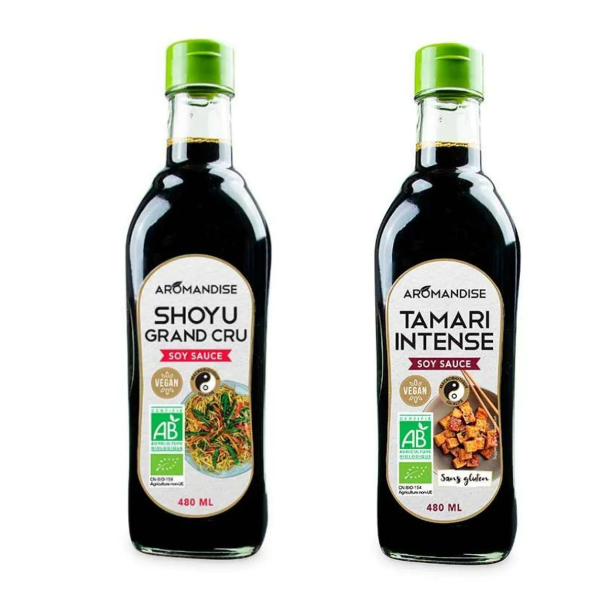 Duo de Sauces Soja Bio Shoyu et Tamari : 2 x 0,48 L Aromandise