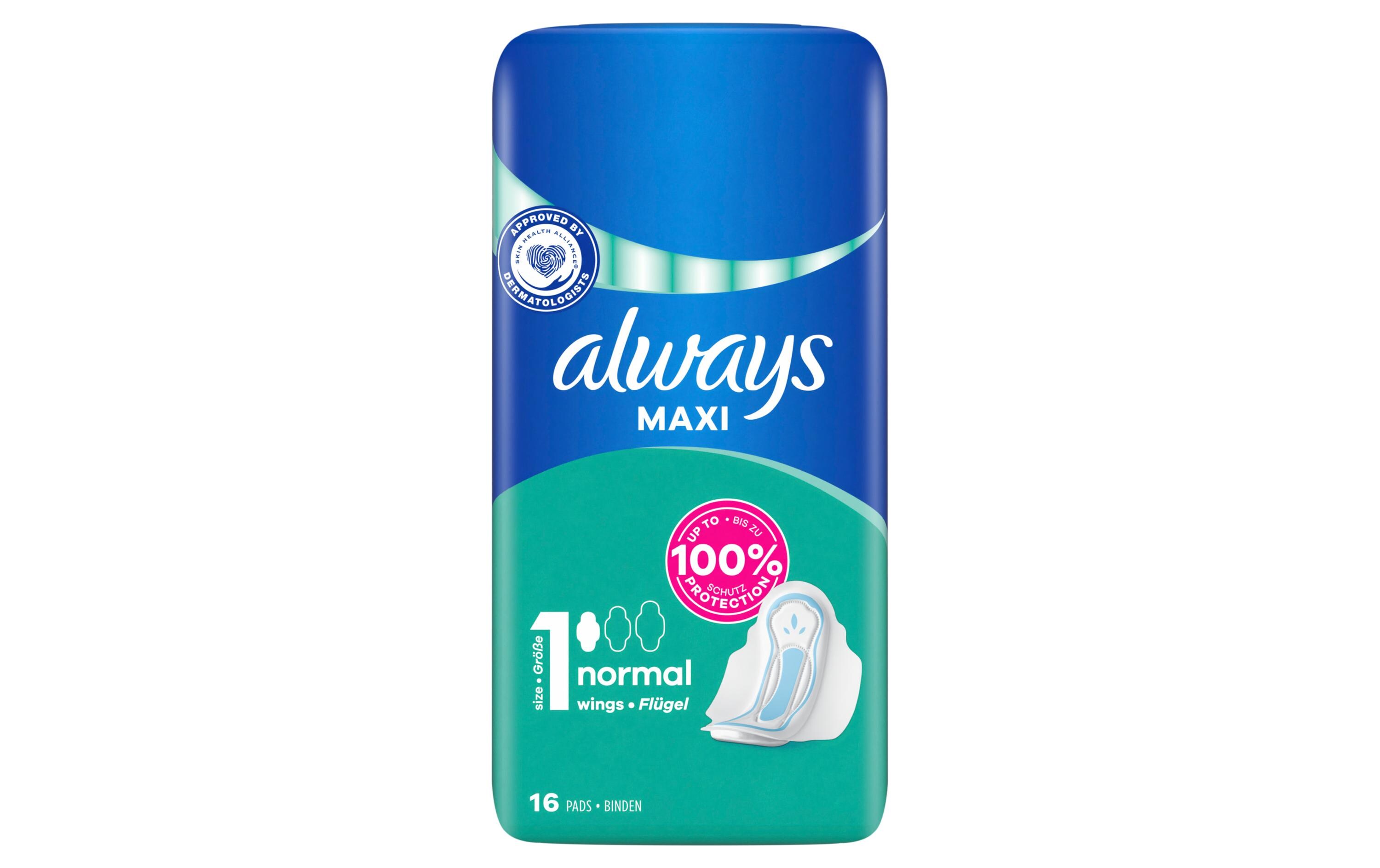 Binde mit Flügeln Maxi Normal 16 StückHochwertige Binden mit saugfähigem Kern