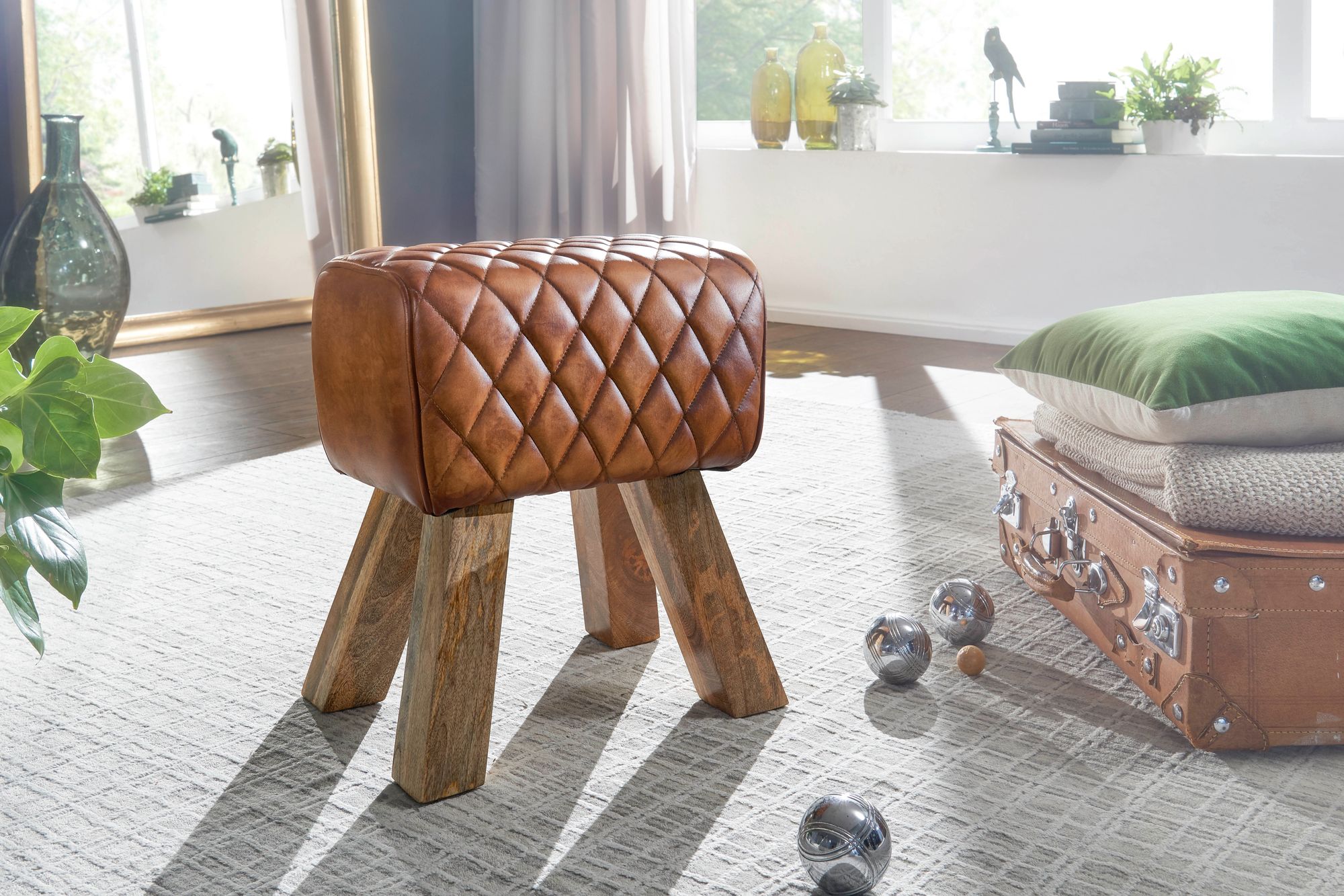 FineBuy Sitzhocker Echtleder 40x48x27 cm Fußhocker Lederhocker Massivholz Braun