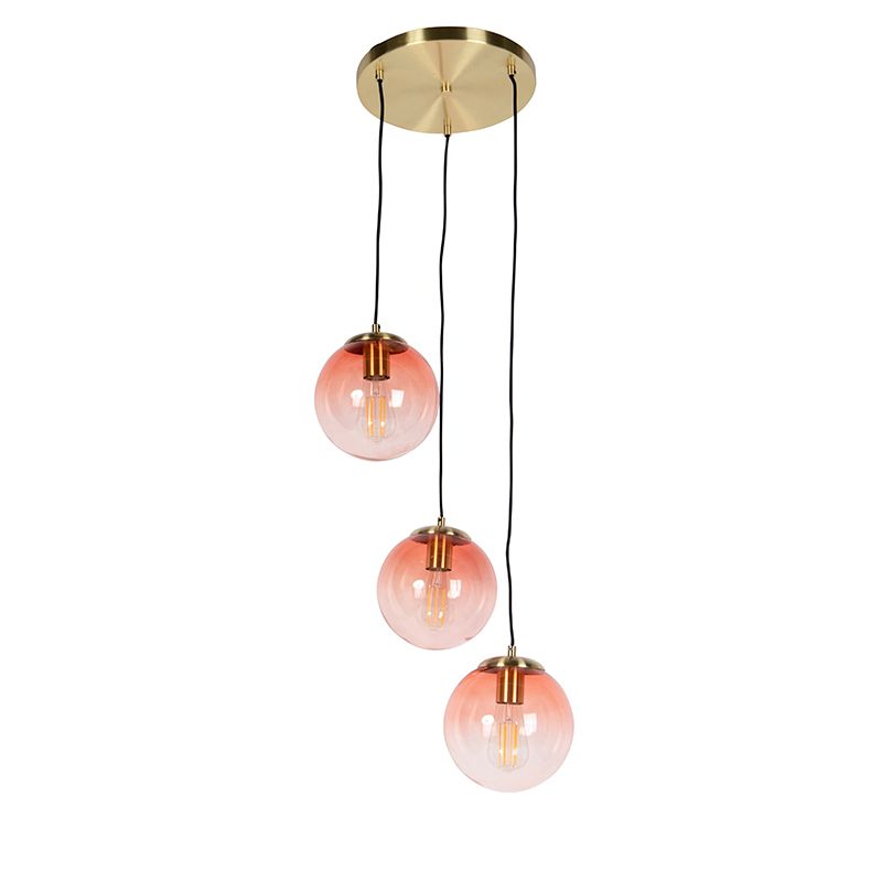 Art deco hanglamp messing 45 cm 3-lichts roze - Pallon
