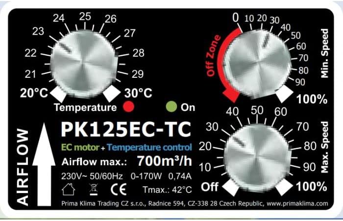 Abluft Set Grow EC Lüfter PK125EC-TC temperatur gesteuert 700 m³/h Prima Klima Filter + Nito Abluftschlauch
