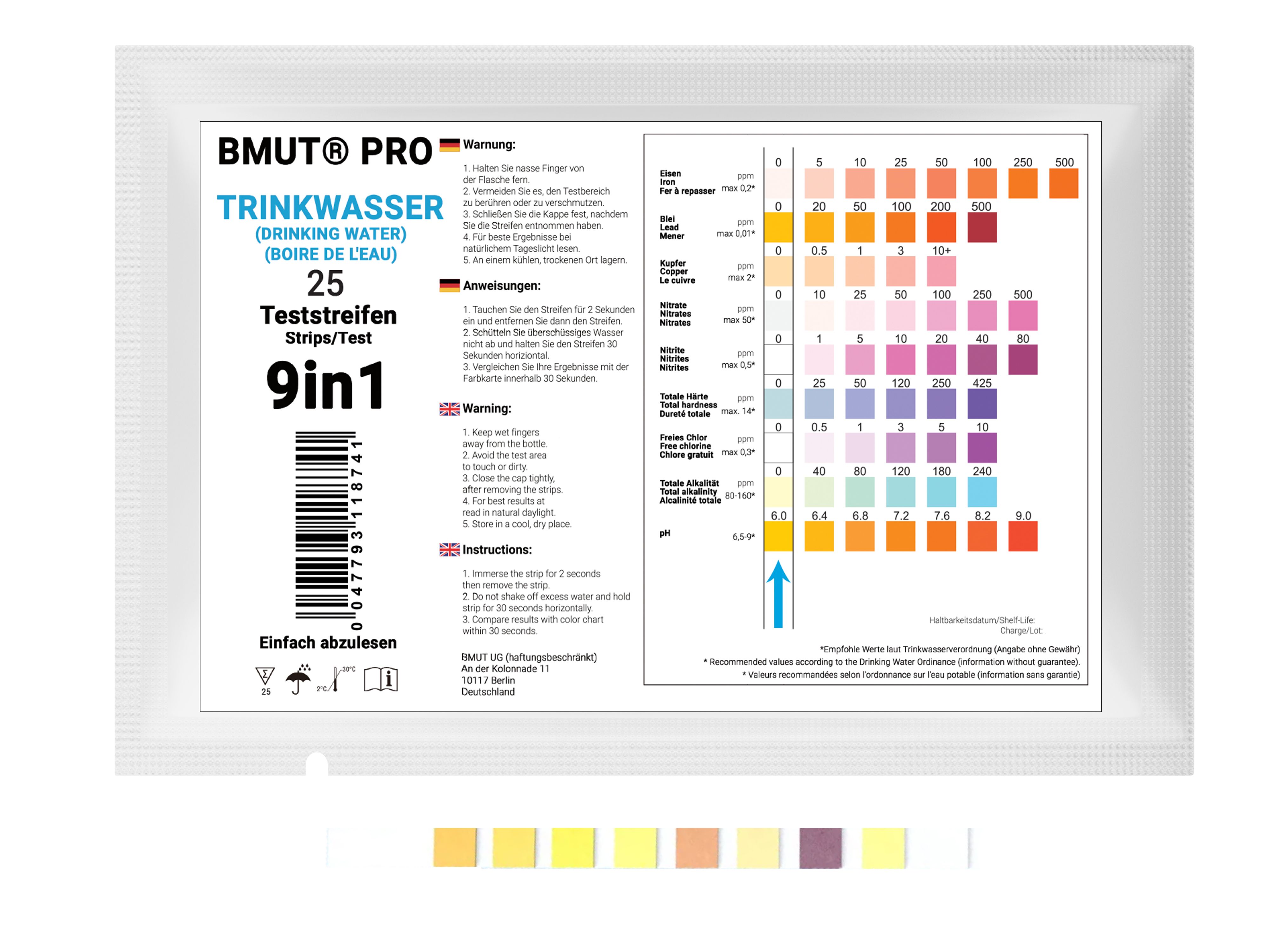 BMUT 9in1 Trinkwassertest Teststreifen für Leitungswasser