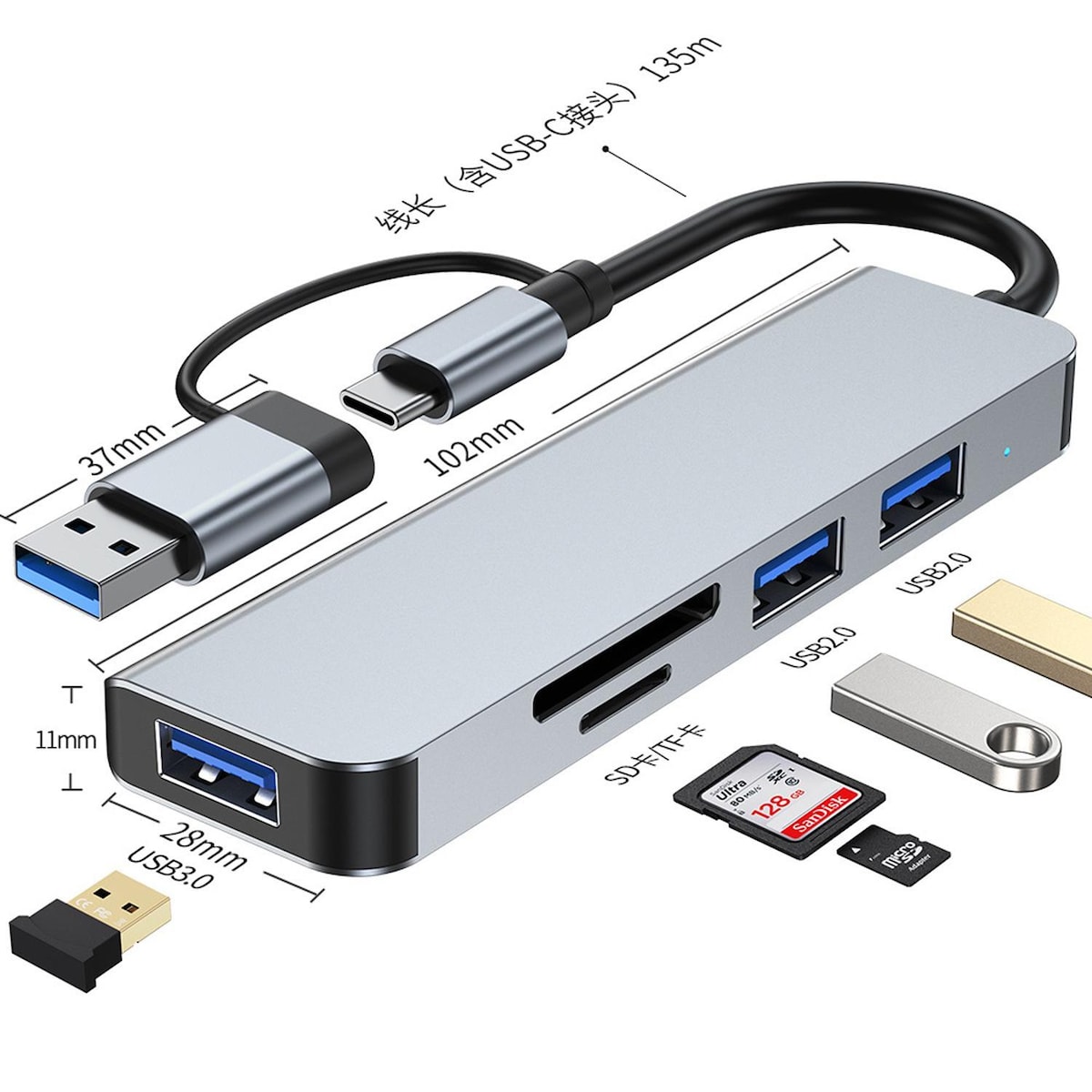 NÖRDIC USB Hub 5 porter 2xUSB-A 2.0 1xUSB-A 3.0 1xTF 1xSD