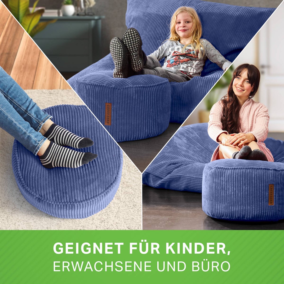 Groene bonen poef kussen 45x25cm met EPS kralen vulling & corduroy stof vloerkussen ligstoel kussen zitkussen poef fauteuil kinderen volwassenen stoffen kruk opbergruimte donkerblauw