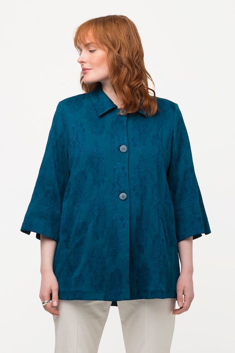 Jacquard-Jacke, Blüten, A-Linie, Hemdkragen, 3/4-Arm