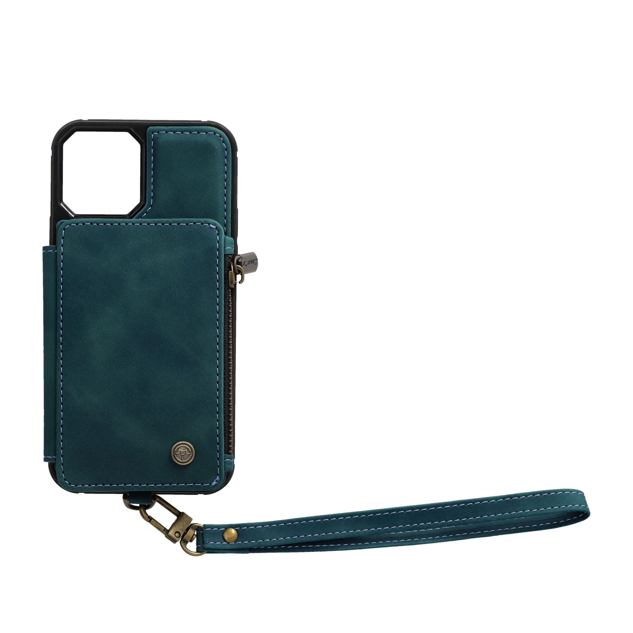 iPhone 12 / iPhone 12 Pro Leder Schutzhülle mit Münzbeutel   3 Kartenfächern - Blau / Grün