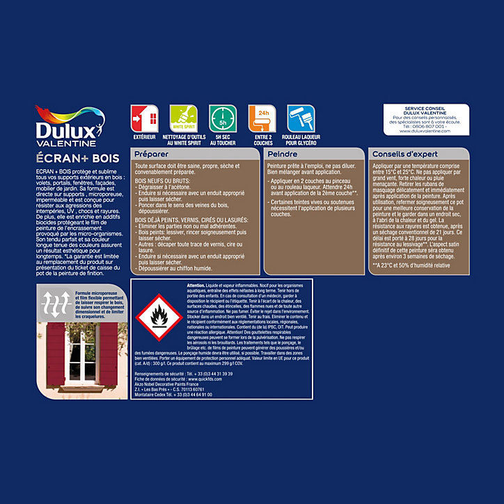 Peinture extérieure Ecran + bois Dulux Valentine satin blanc 2L +20% gratuit