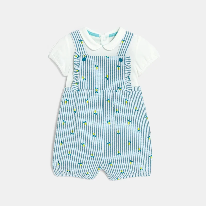Salopette rayée seersucker et body  bleu bébé fille Bleu