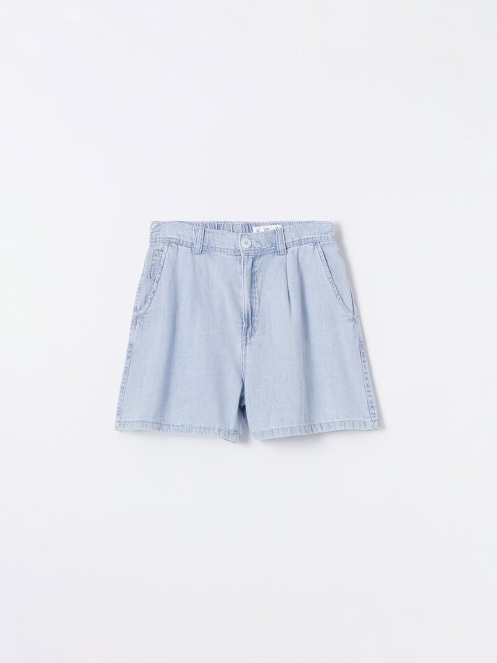 Calções jeans com pregas - Azul claro