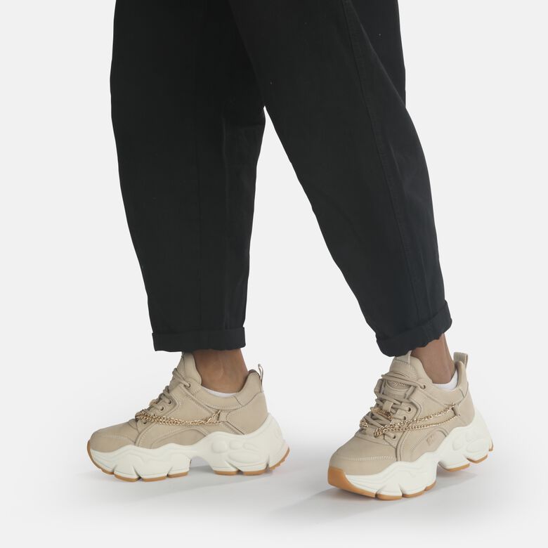 Binary Chain baskets basses véganes, beige et chaîne dorée