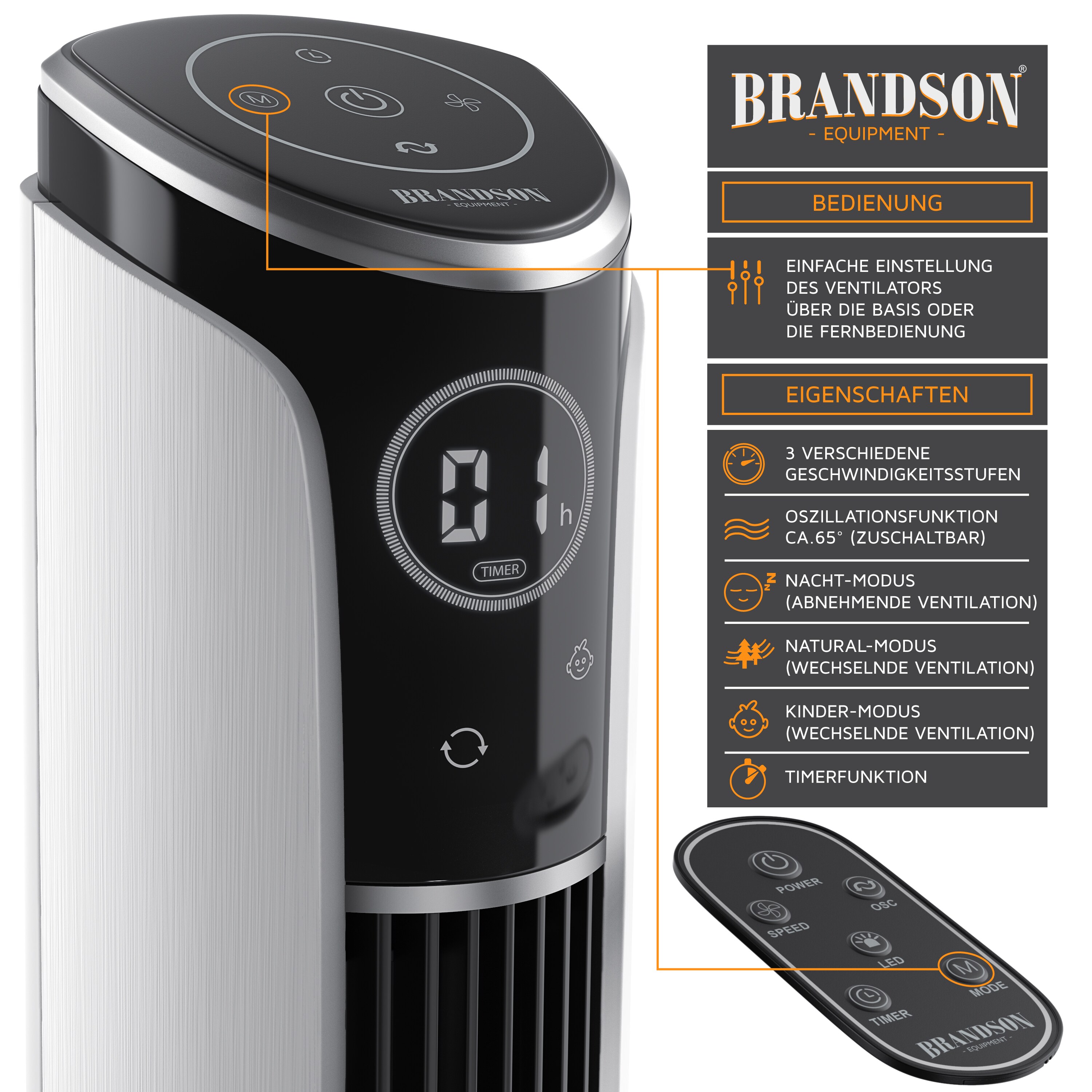Brandson Turmventilator, Ventilator 10 Grad neigbar, 108 cm, GS, 4 Lüftungsmodi, Standventilator mit Oszillation, 3 Geschwindigkeiten