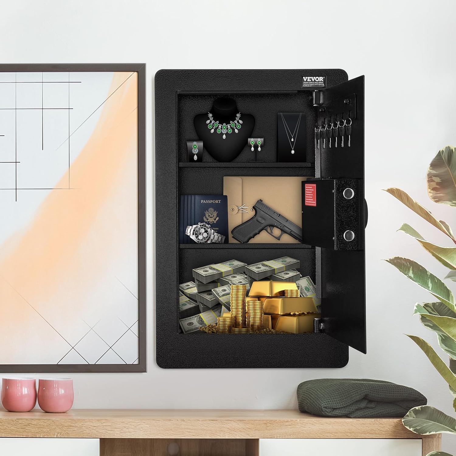 VEVOR 3-stufiger Waffentresor Wandtresor Safe, 3 herausnehmbaren Regalen 6 Schlüsselhaltern LED-Licht Vibrationsalarm, Tastenfeld und Schlüssel, für Langwaffe Pässe Schmuck Bargeld wichtige Dokumente