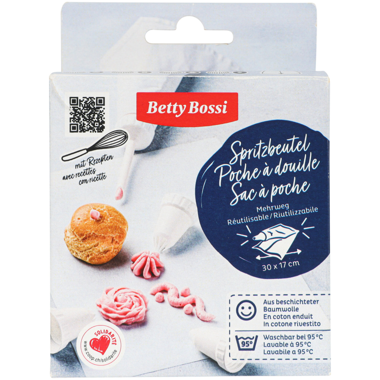 Betty Bossi Mehrwegspritzbeutel 30 cm, aus beschiteter Baumwolle, mit Saum und Aufhänger, reiss- und kochfest mit 4 Tüllen (PE)