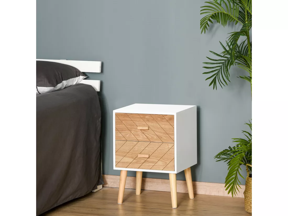 Chevet table de nuit design scandinave 40L x 30l x 56H cm 2 tiroirs bois massif pin MDF blanc et hêtre motif graphique