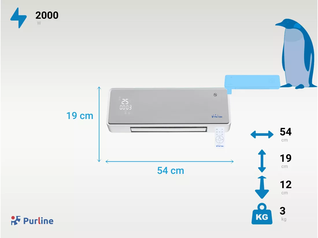 Chauffage soufflant 2000 W façade en verre argenté télécommande et minuterie
