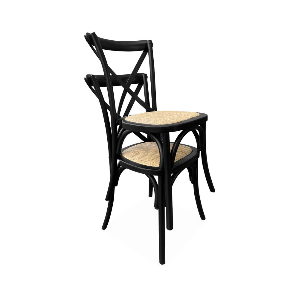Lot de 2 chaises de bistrot en bois d'hévéa noir. Vintage. Assise en rotin. Empilables