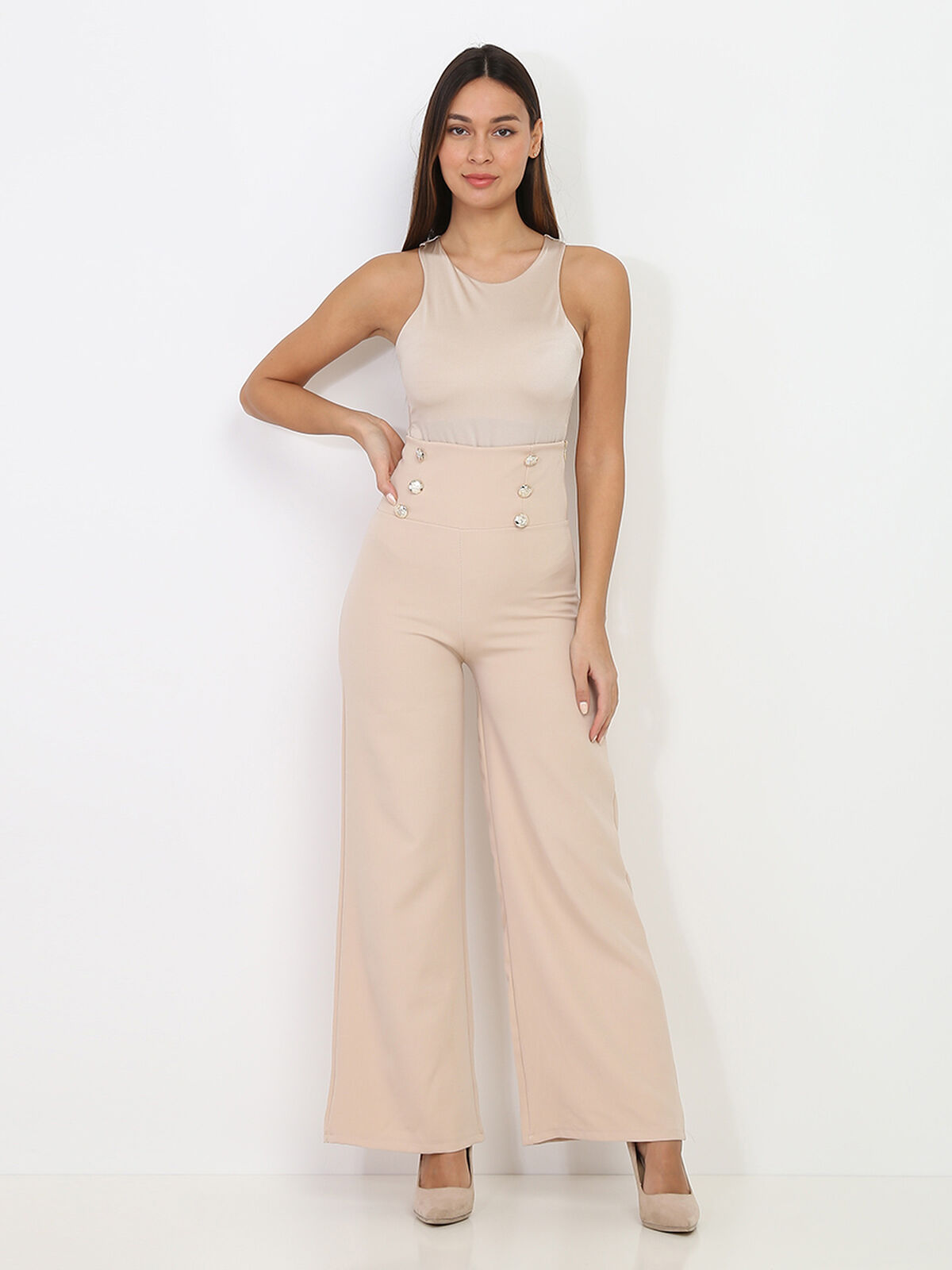 Pantalon palazzo à boutons- Beige