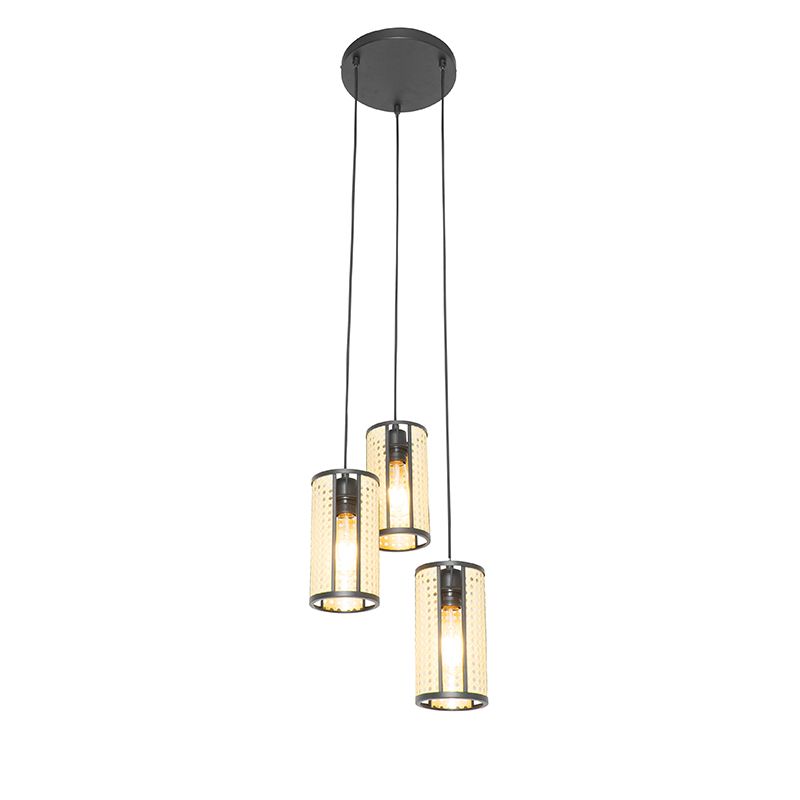Oosterse hanglamp zwart met rotan 3-lichts rond - Akira