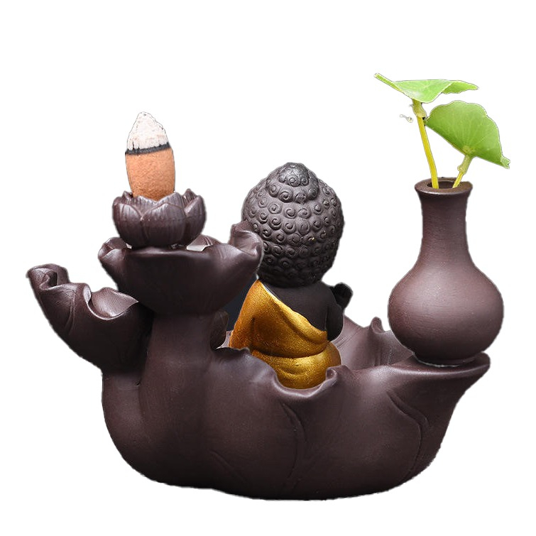 (14x10cm) Keramik Buddha Räuchergefäss Zen Weihrauch Brenner Home Deko Räucher Brunnen - Braun / Gold