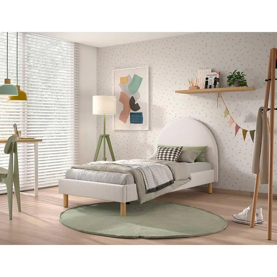 Eenpersoonsbed Maeva - 212x97x107 cm - Witte bouclé stof