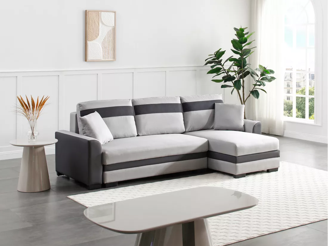 Canapé d'angle réversible et convertible en tissu et simili gris clair GIANY II