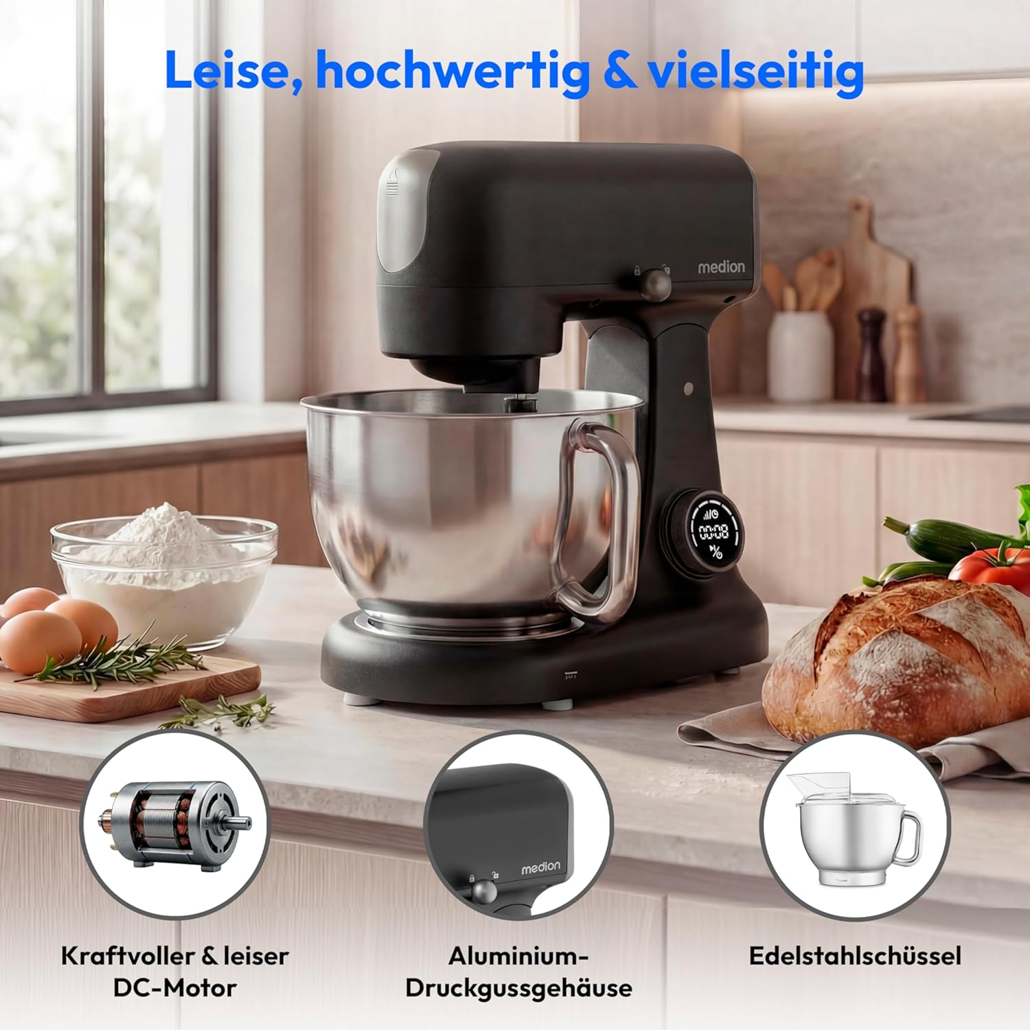 MEDION Küchenmaschine (Fleischwolf, 4,6 L Edelstahlschüssel, leiser Gleichstrommotor, 800 Watt, Reiben Raspeln Schneiden, Digitales Sensor Touch Display, Knetmaschine, Teigmaschine, MD12600) schwarz