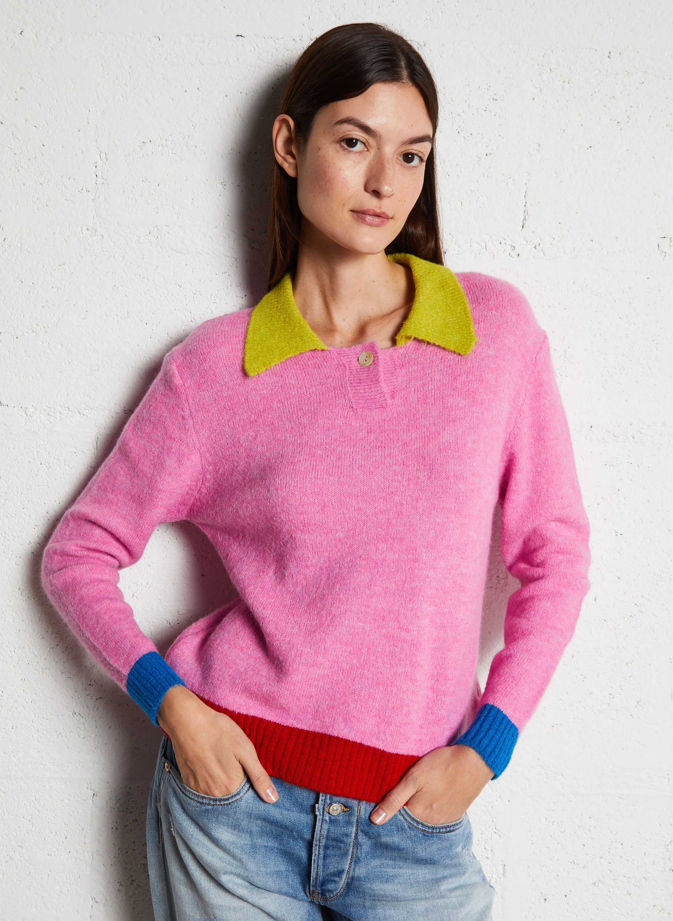DANZA - Pull droit col classique tricolore | Rose