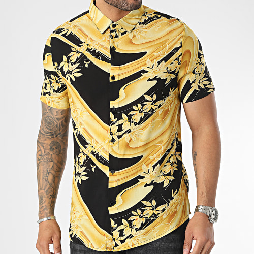 Chemise Manches Courtes Floral Jaune Noir