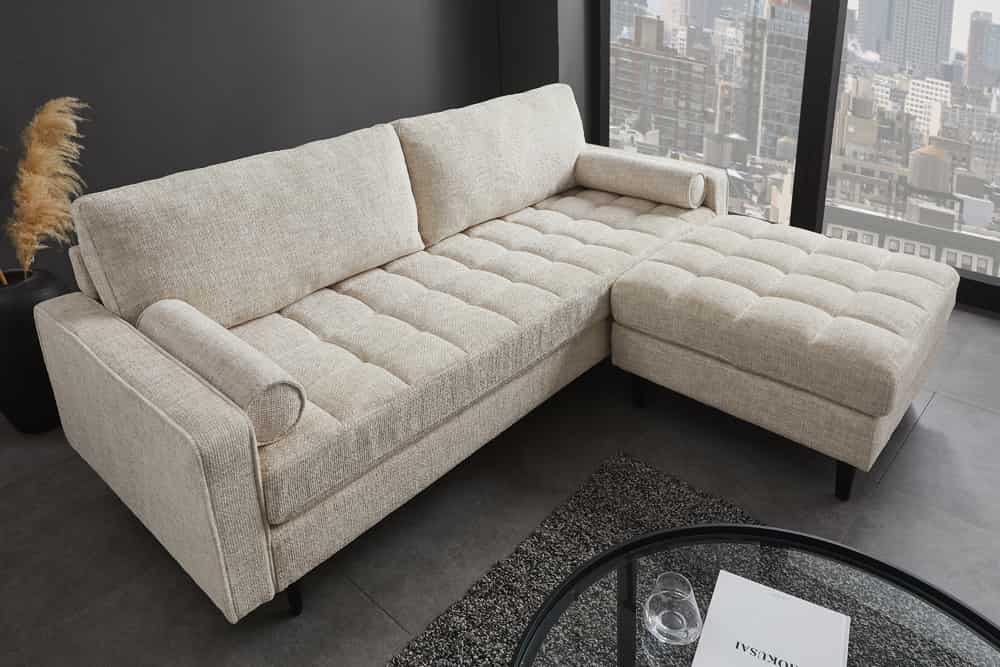 Design Hocker COZY VELVET 80cm beige Chenille Federkern Holzfüße