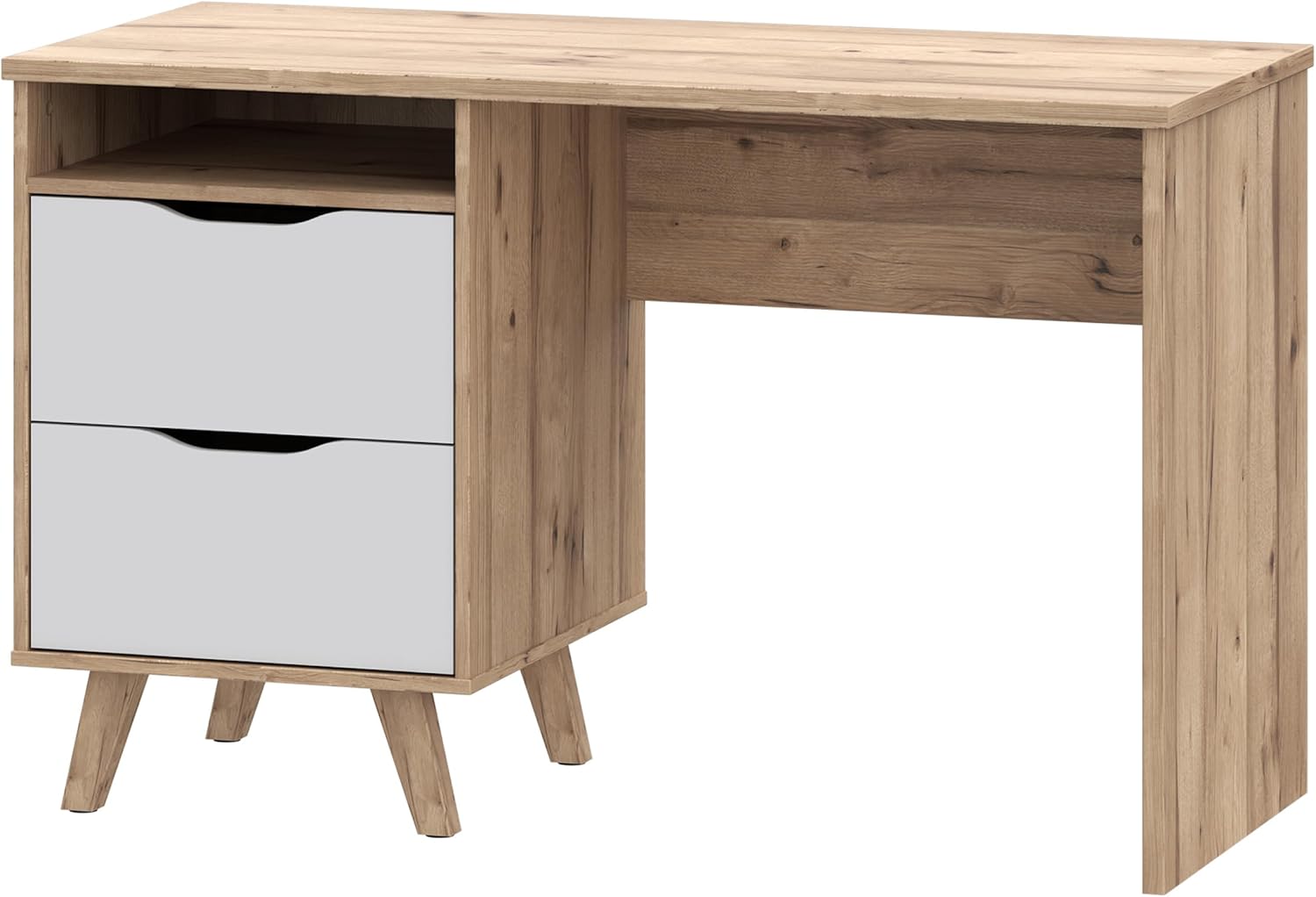 Forte VANKKA Schreibtisch 120, Skandi Schreibtisch mit 2 Schubladen, offenen Fach und filigranen Möbelbeinen, Holzwerkstoff, Planked Eiche Holzdekor, 119,7 cm breit x 75 cm hoch x 52,7 cm tief
