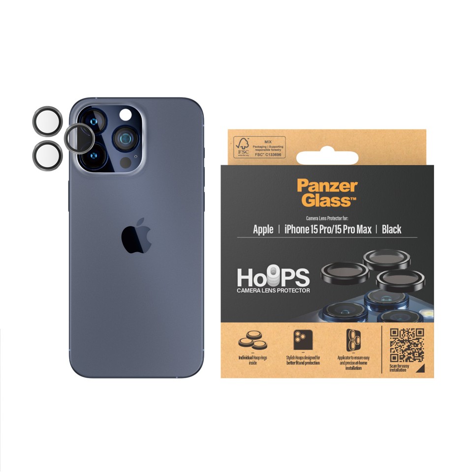 PanzerGlass™ - Hoops Kameralinsebeskytter iPhone 15 Pro - 15 Pro Max - Sort Metal