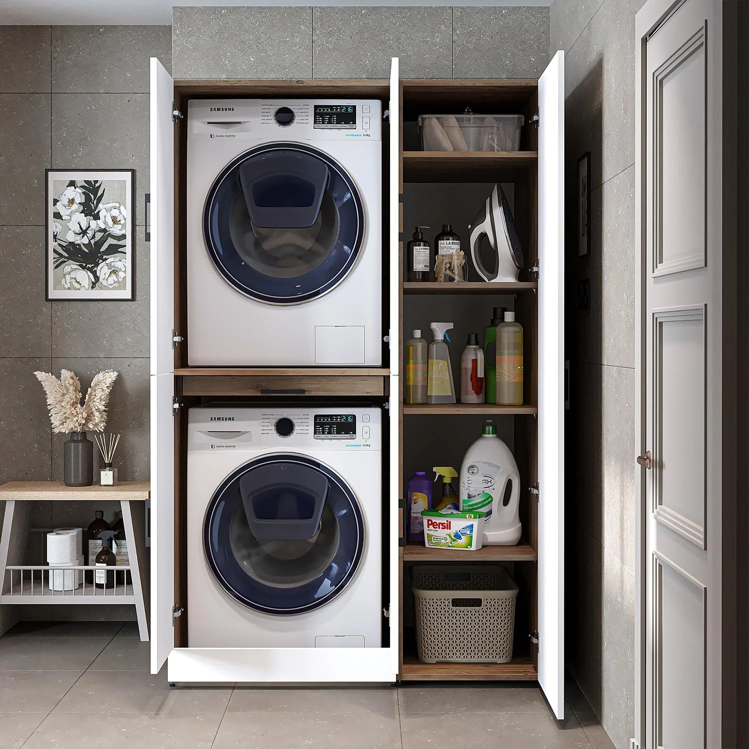 ROOMART Dora - Armoire de machine à laver - Pour sèche-linge et machine à laver - En 4 couleurs - Avec portes et panneau coulissant - Blanc - Chêne blanc - Chêne anthracite - Chêne blanc (chêne blanc)