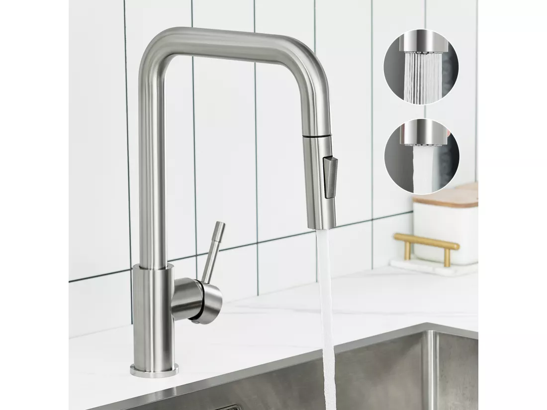 Evier 1 Bac en Quartz et Résine, 3 Options de Montage, 55*44*20cm + Mitigeur avec Douchette Extractible, Brossé