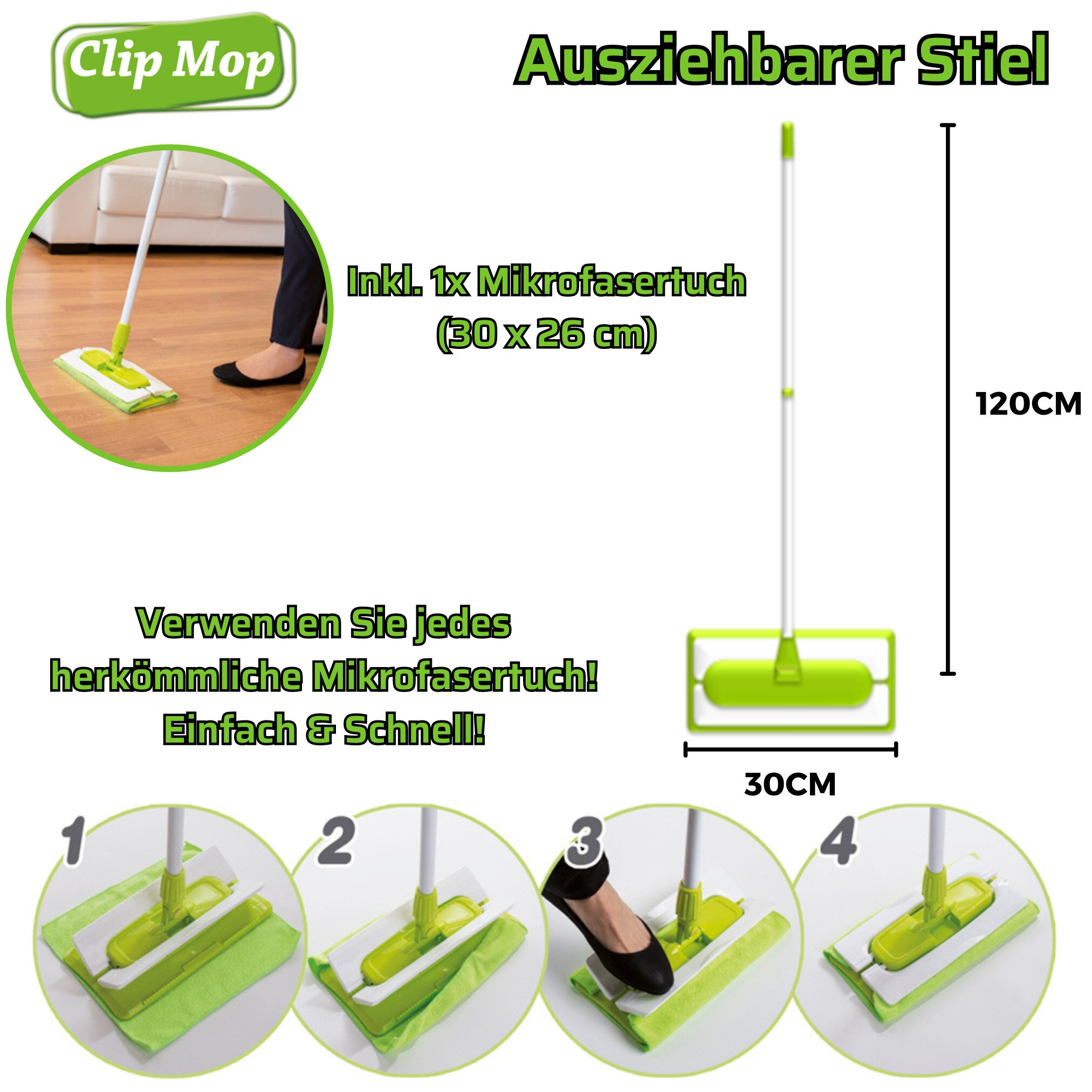 Best Direct® Wischmopp, Bodenwischer, Teleskopstiel, Nutzung mit Mikrofasertuch Clip Mop