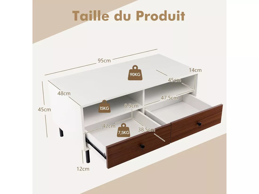Table basse 2 tiroirs, table basse salon avec 2 compartiments, 95 x 48 x 45 cm