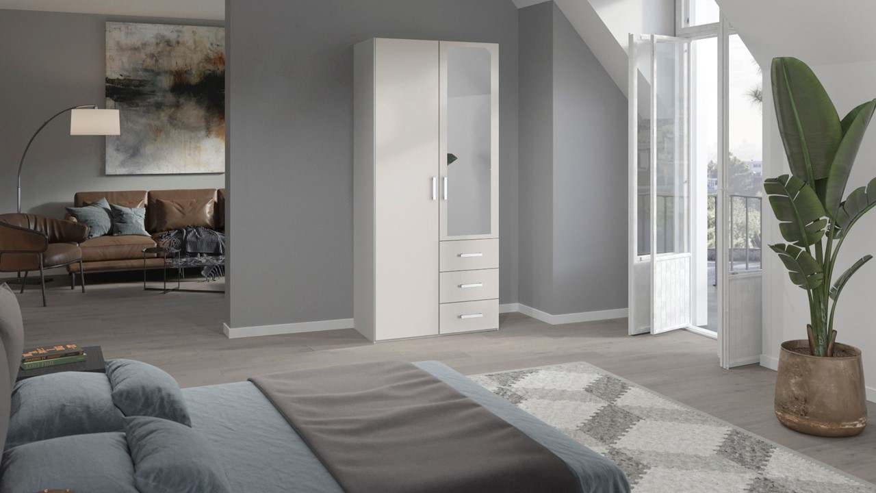 Draaideurkast Compact met laden en hout- en spiegeldeuren wit
