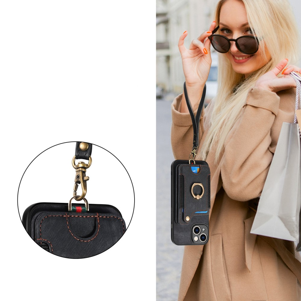 iPhone 14 Necklace Leder Hülle mit Kartenfächer   Finger Griff Halterung   Handykette (RFID Schutz) - Schwarz