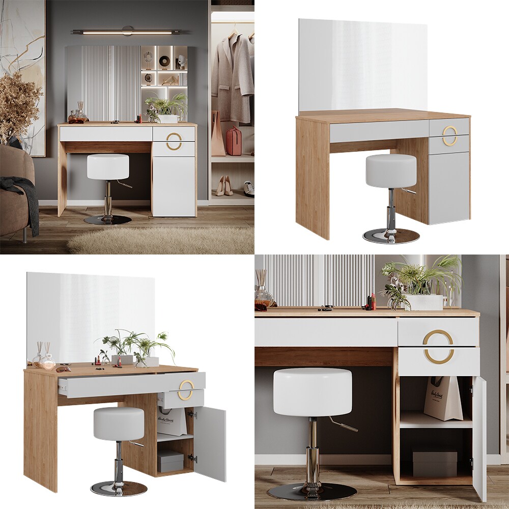 Vicco Schminktisch Adela Natural Rockford Hickory Weiß 115x76 cm Spiegel, Hocker