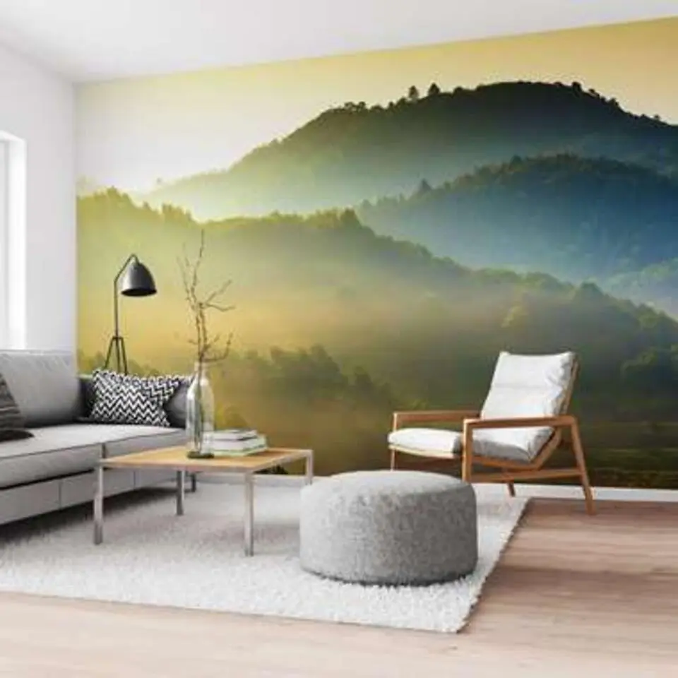 Fotobehang Heuvels bij zonsopgang - 260x384cm - Groen