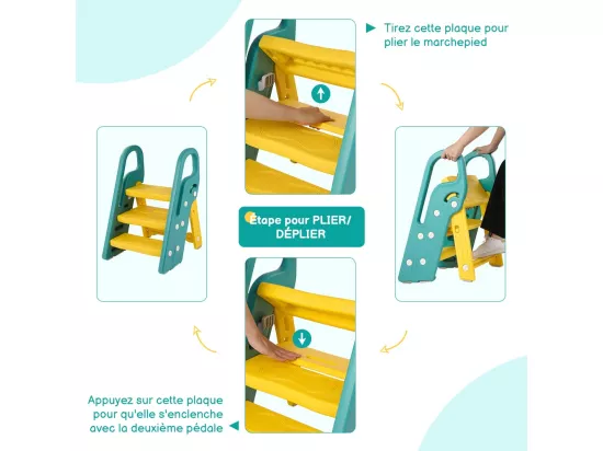 Marchepied Pliable pour Enfant Bébé avec 3 Marches Antidérapant, Rehausseur Stable, Hauteur Réglable, Multifonction avec Poignées Sécurité pr Salle de bain, Jaune et Vert
